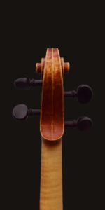 back of Ansemlo Bellosio model violin scroll, made by William Castle