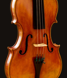 front view of Bellosio model violin by William Castle