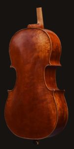 3/4 view of back and ribs of Andrea Guarneri model cello